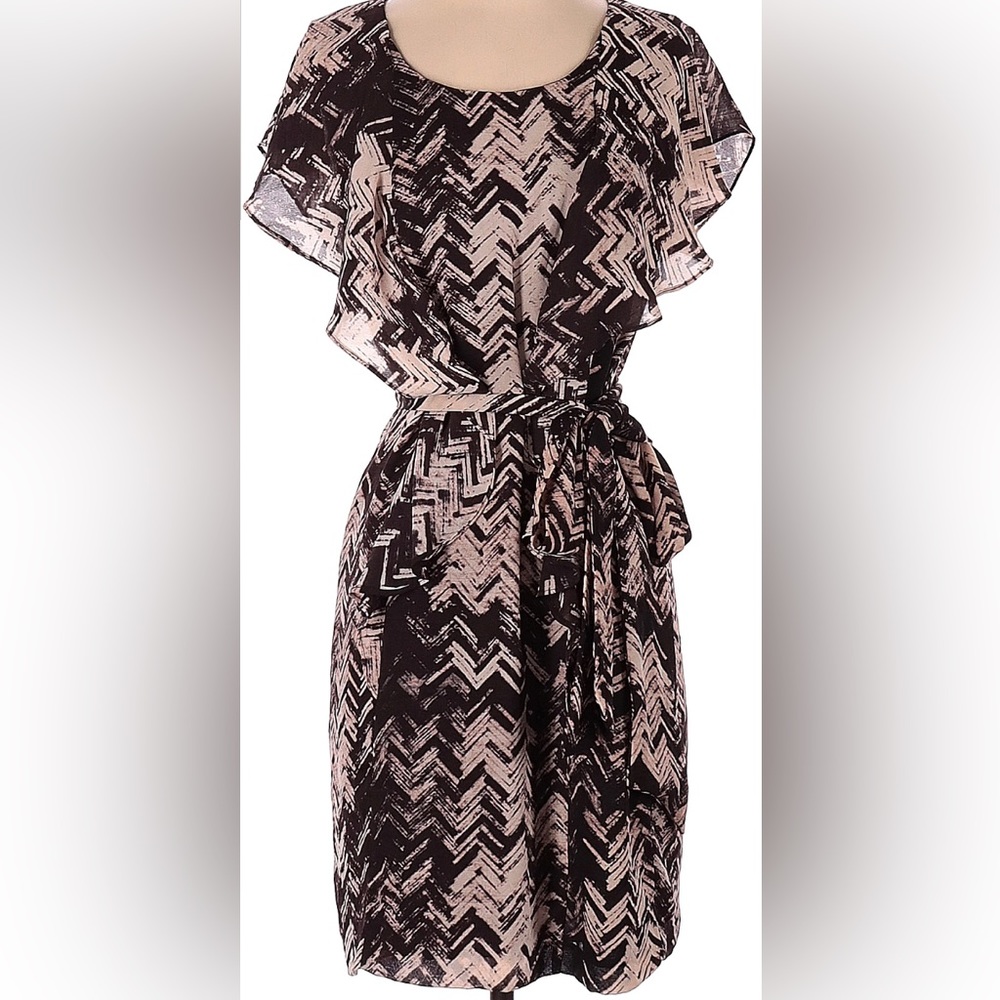 GAP Brown & Tan Chevron Ruffle Dress Flutter Sleeve Tie Belt Poly Size 12 Tall